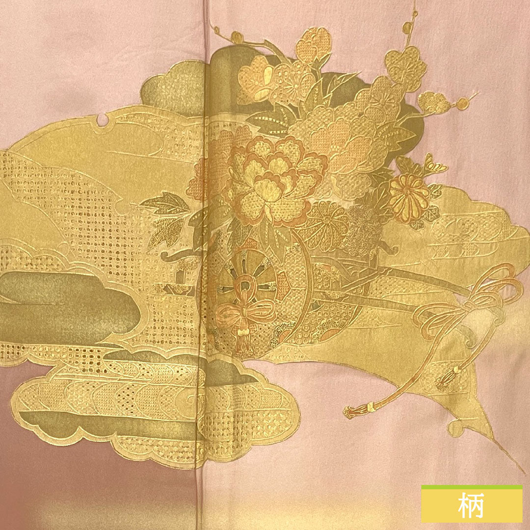 訪問着 正絹 袷 身丈156.5cm 裄丈62.5cm 今様色(いまよういろ) 京友禅 汕頭刺繡 花車 Sランク ピンク系 1112004942313
