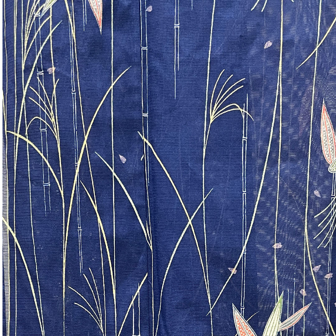 夏物 ポリエステル 小紋 身丈160cm 裄丈67cm 紺桔梗色(こんききょういろ) 竹 洗える着物 絽 Sランク 紺系 1132001442418