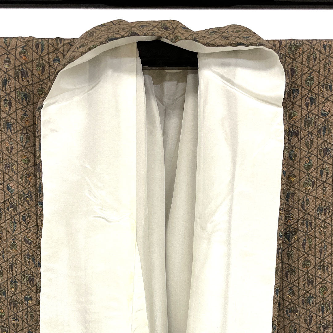 小紋 身丈162cm 裄丈63cm 袷 南部幸雄 籠目に野菜模様 正絹 Aランク 茶系 1115000603314