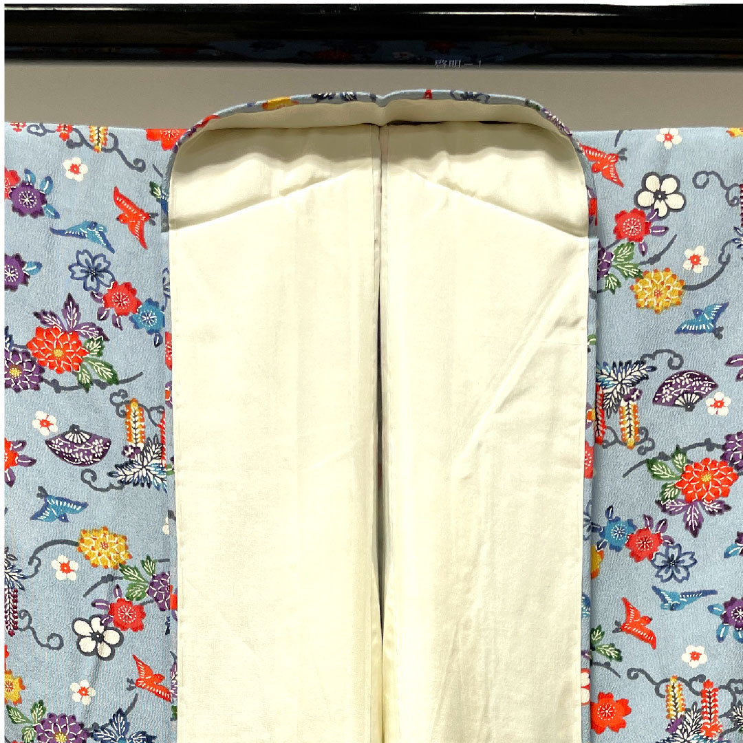 小紋 身丈160cm 裄丈62cm 袷 薄藍色 型染 草花模様 正絹 Sランク 青系 1115002742417