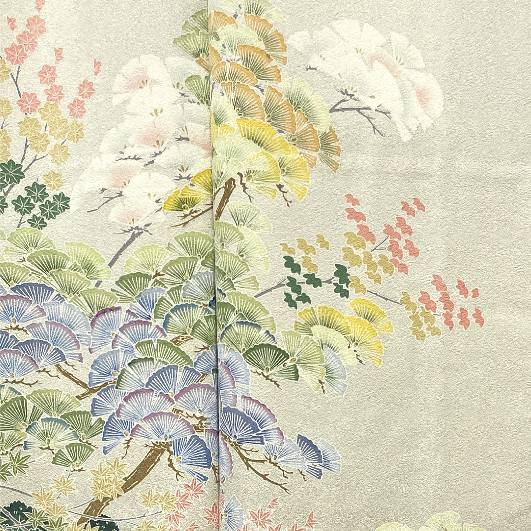 色留袖 身丈151cm 裄丈61.5cm 袷 灰白色 京友禅 草花模様 細輪に木瓜 正絹 Sランク 一つ紋 グレー系 1111001062222