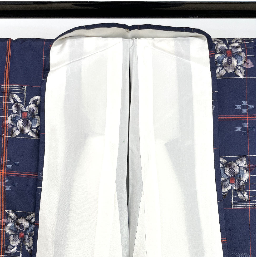 村山大島 身丈160cm 裄丈64.5cm アンサンブル 格子 花模様 正絹 Sランク 袷 紺系 1116001932418