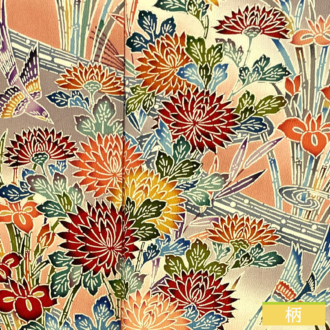 Homongi, pure silk, lined, length 164cm, sleeve length 63cm, grape color (shrimp color), Kyoto Bingata, floral pattern, A rank, purple, 1112005263420