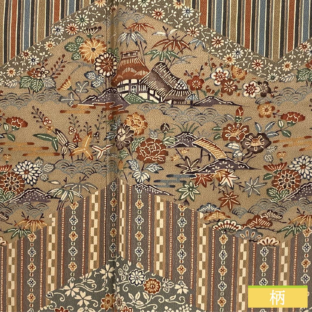 訪問着 正絹 Sランク 袷 身丈165.5cm 裄丈66.5cm 遠州茶色(えんしゅうちゃいろ) 京紅型 縞 茶屋辻 橙系 1112006892526