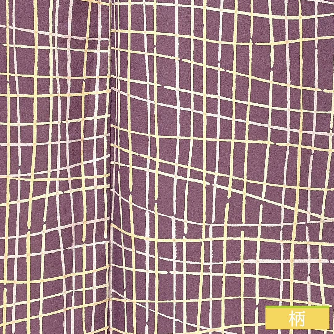 小紋 ポリエステル 身丈159cm 裄丈66cm 単衣 古代紫色(こだいむらさきいろ) 洗える着物 格子 Aランク 紫系 1115004863320