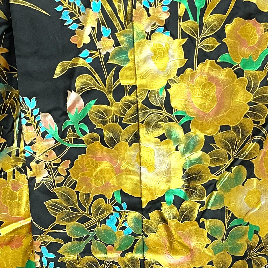 色打掛 身丈194cm 金彩加工 鶴 蝶 草花模様 正絹 Aランク 袷 黒系 1110000403910