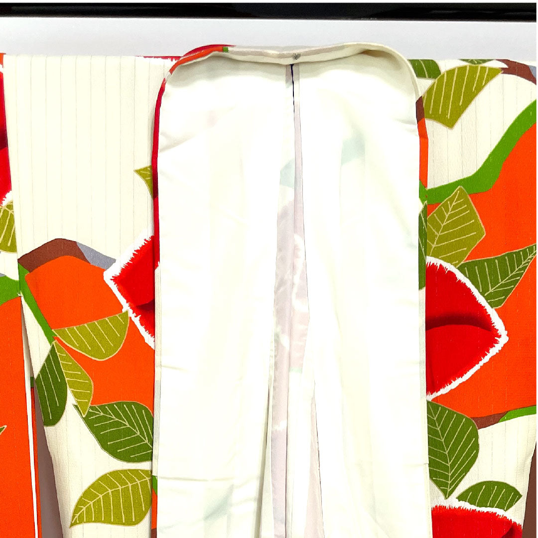 振袖 身丈170cm 裄丈65.5cm 袷 生成り色 洗える着物 椿 ポリ Aランク 白系 1113001413611