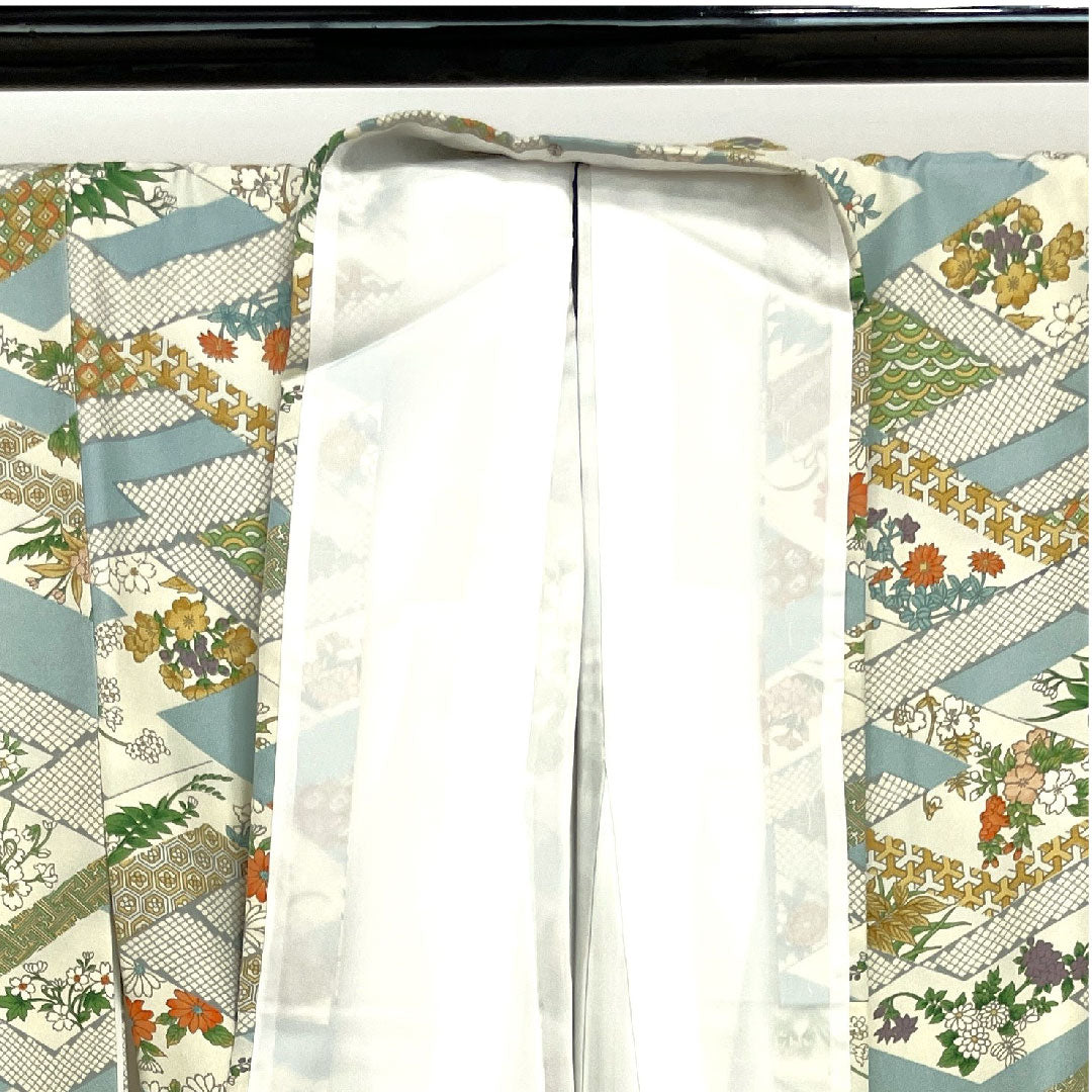 小紋 身丈163.5cm 裄丈64cm 袷 変り松皮菱 草花模様 正絹 Aランク 白系 1115002393411