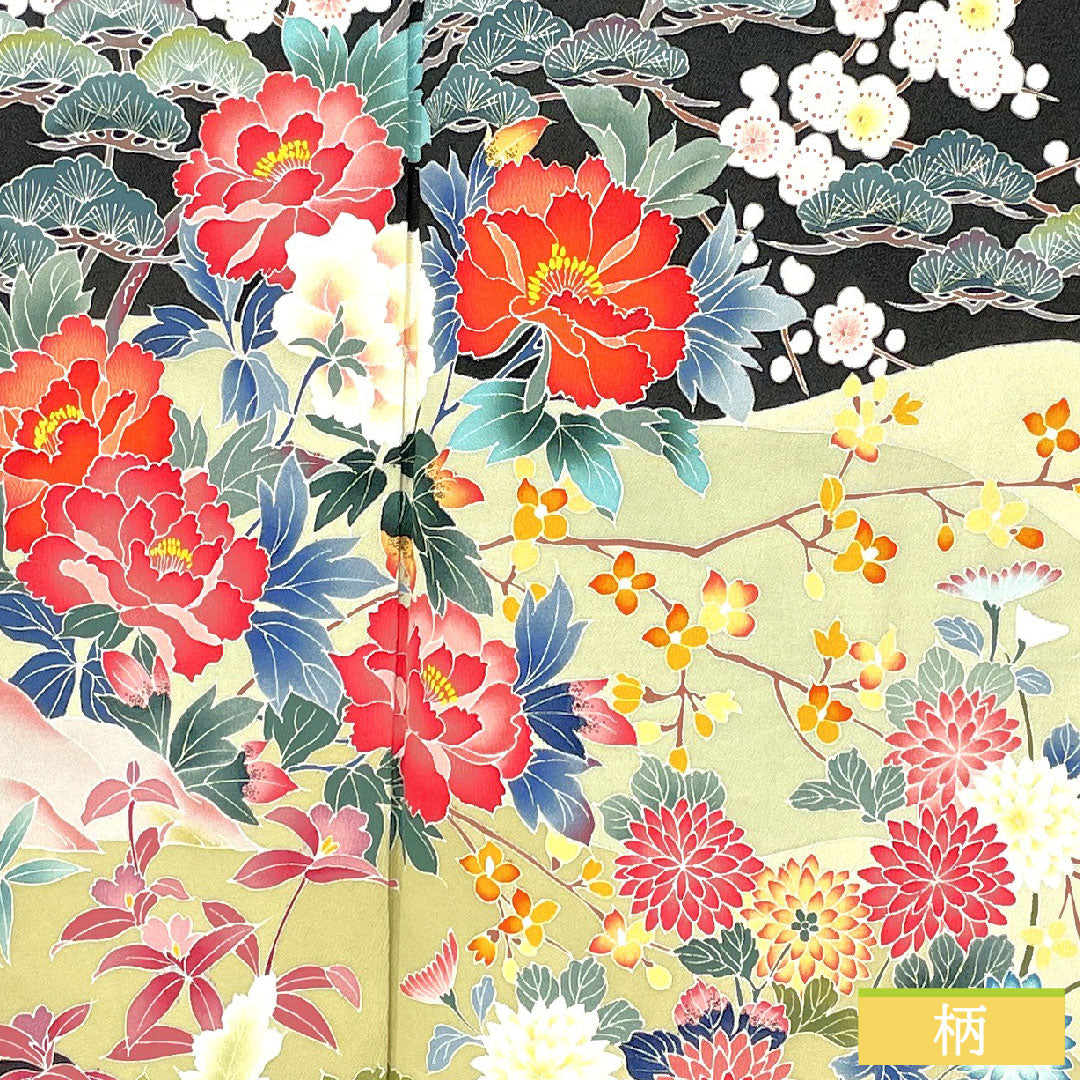 Black formal kimono, pure silk, length 158.5cm, sleeve length 62cm, lined, Kyo Kaga Yuzen, floral pattern, artist's work, five crests, flower diamond, A rank, black, 1111001673310