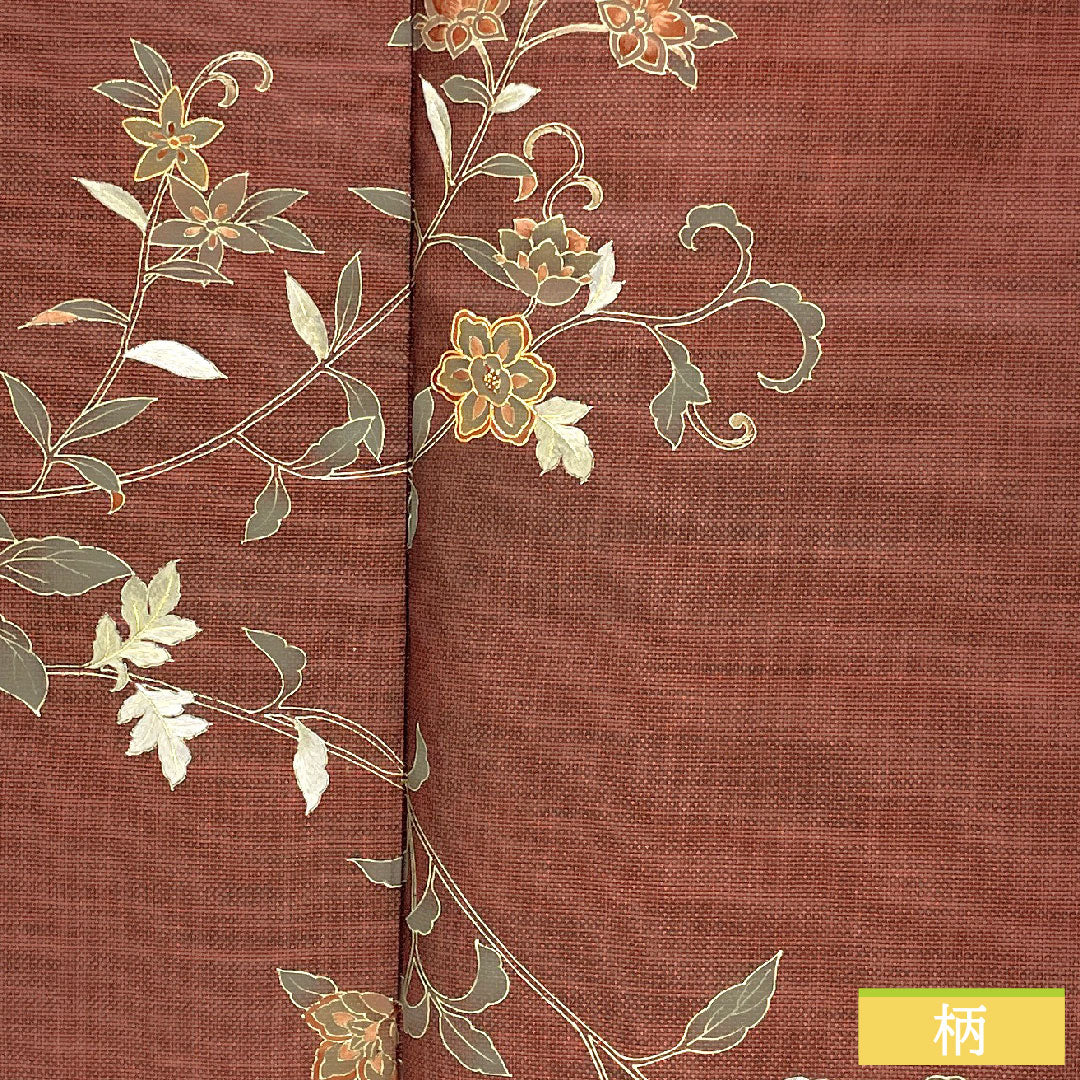 訪問着 正絹 袷 身丈158.5cm 裄丈65cm 生臙脂色(しょうえんじいろ) 大島紬地 紬地 蘇州刺繡 草花模様 Aランク 赤系 1112005493312