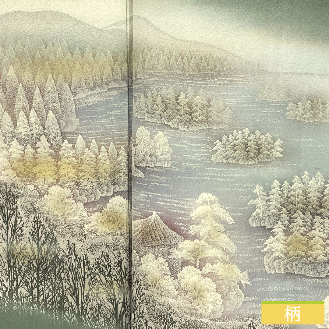 訪問着 正絹 袷 身丈162.5cm 裄丈65cm 裏葉色(うらはいろ) 風景模様 Aランク 緑系 1112005853419