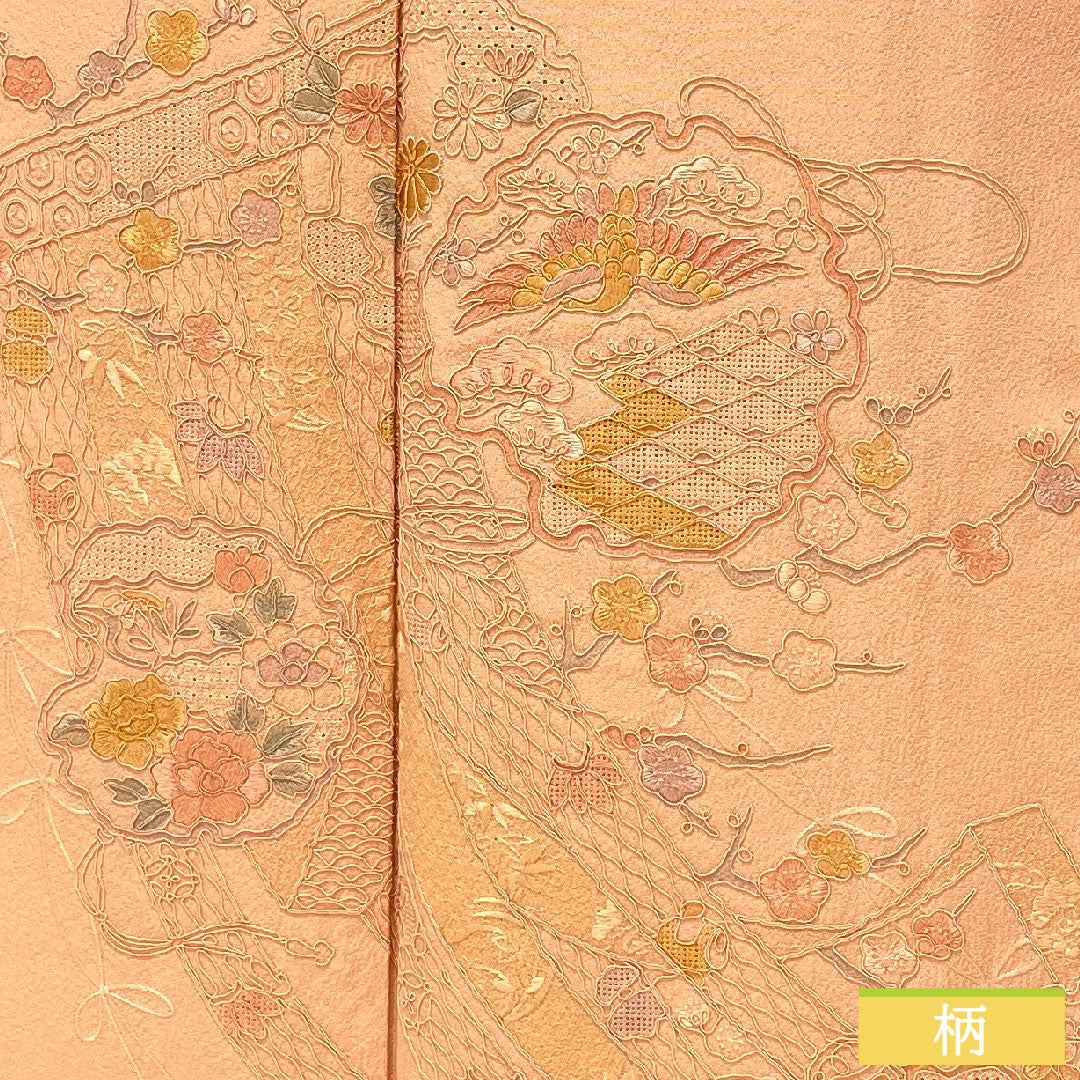 色留袖 正絹 身丈155cm 裄丈62.5cm 袷 東雲色(しののめいろ) 蘇州刺繡 吉祥文様 一つ紋 丸に違い鷹の羽 Bランク ピンク系 1111001694313