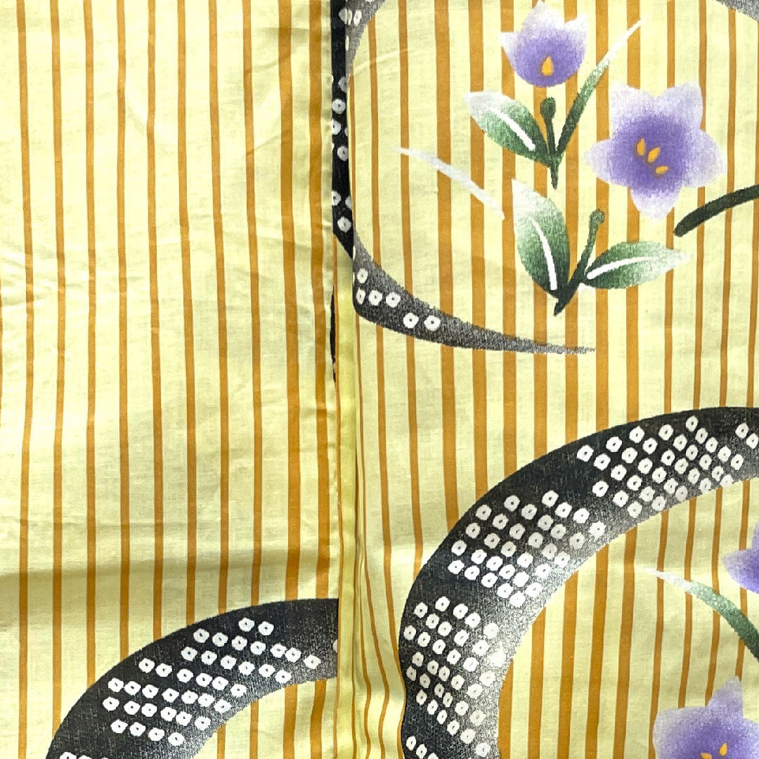 浴衣 淡黄色 縞 花模様 木綿 Aランク 単衣 身丈165cm 裄丈64.5cm 黄系 1118002633523