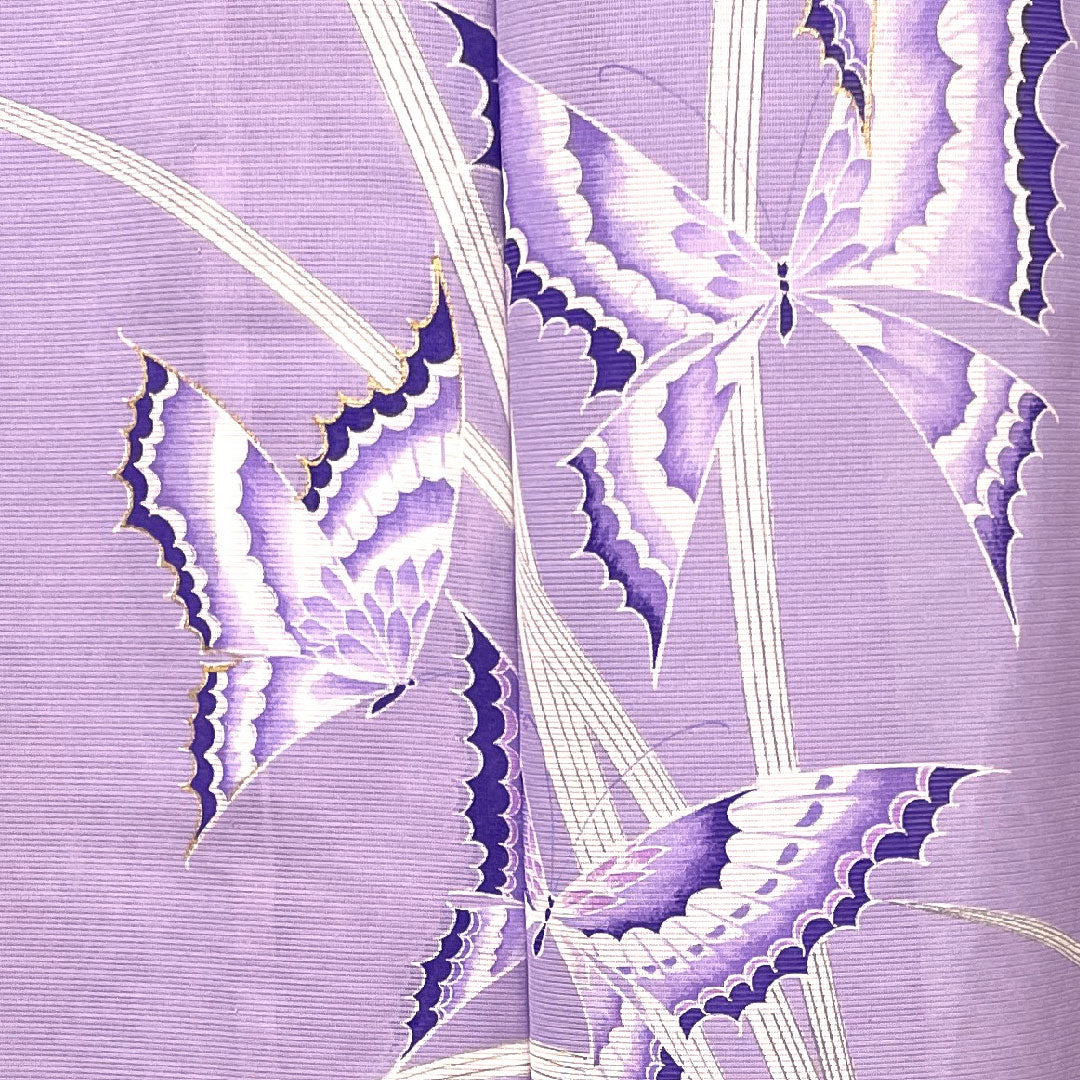 夏物 ポリエステル 訪問着 身丈152cm 裄丈61.5cm 淡紫色(たんししょく) 洗える着物 蝶 絽 Sランク 紫系 1132000682220