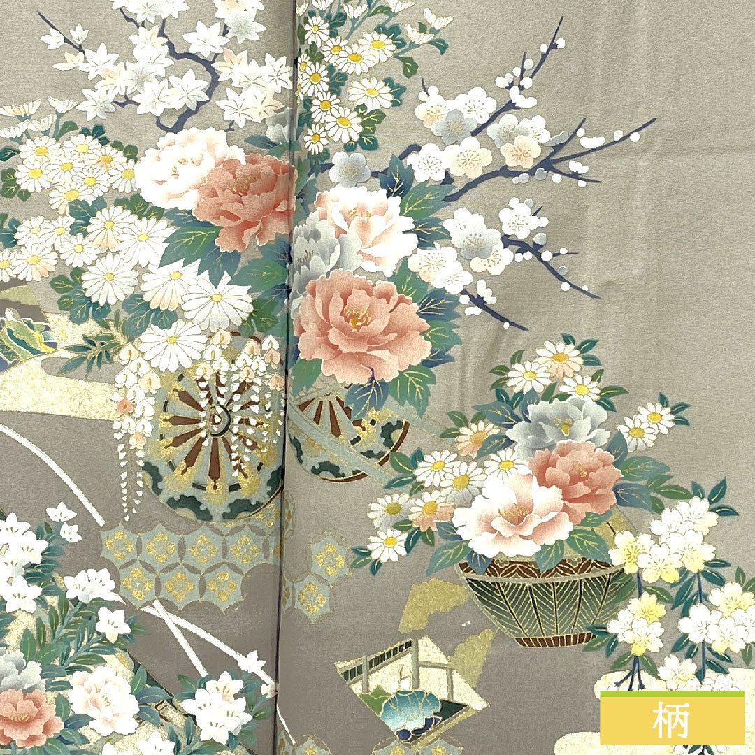 訪問着 正絹 袷 身丈165cm 裄丈66.5cm 小町鼠色(こまちねずいろ) 京友禅 花車 古典柄 しつけ糸付き 未使用品 Sランク グレー系 1112005832522