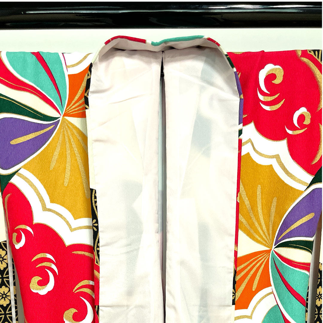 振袖 身丈170cm 裄丈67cm 袷 練色 洗える着物 蝶 青海波 七宝 ポリ Sランク クリーム系 1113001042615