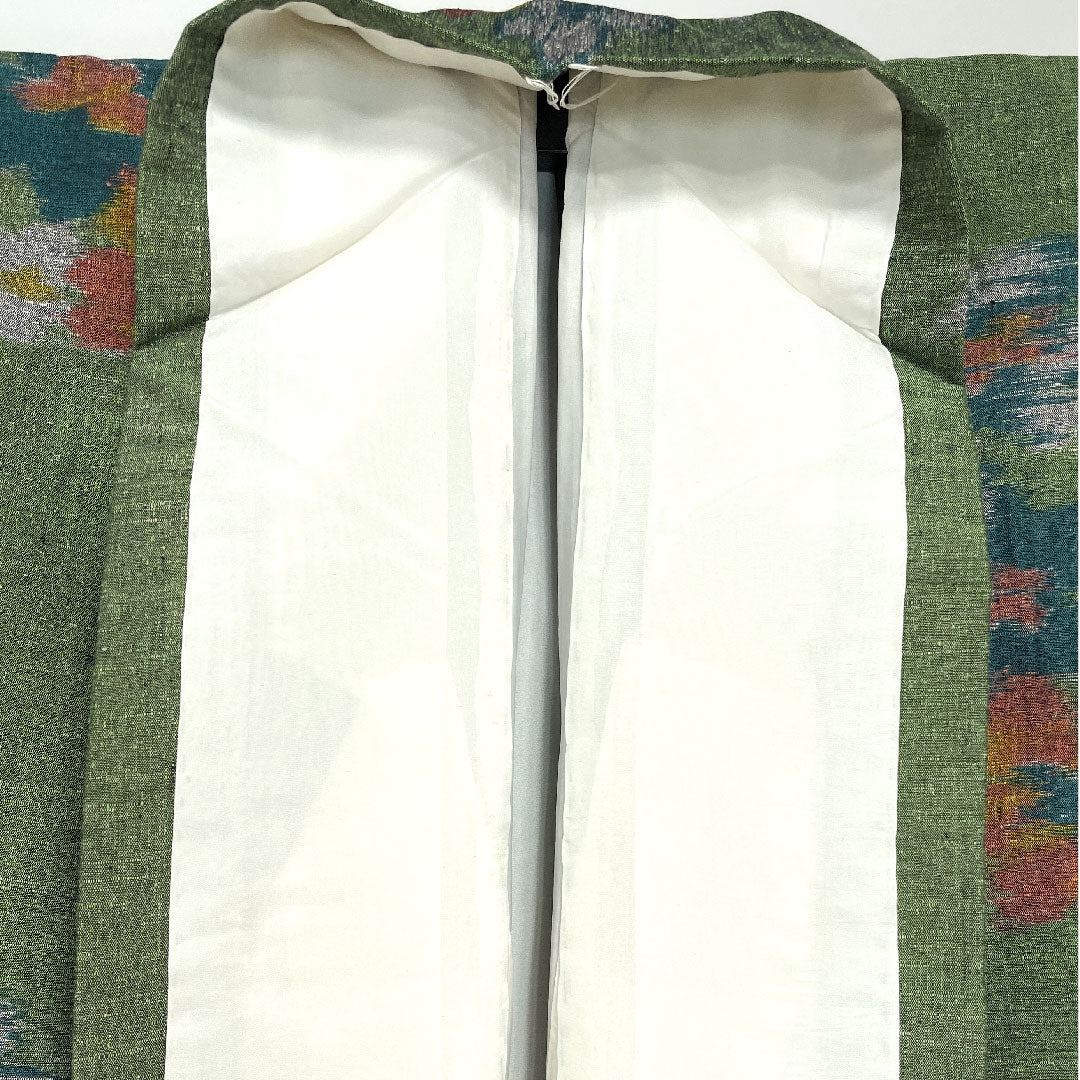 紬 身丈159cm 裄丈59cm 松葉色 花模様 正絹 Bランク 袷 緑系 1116001724319