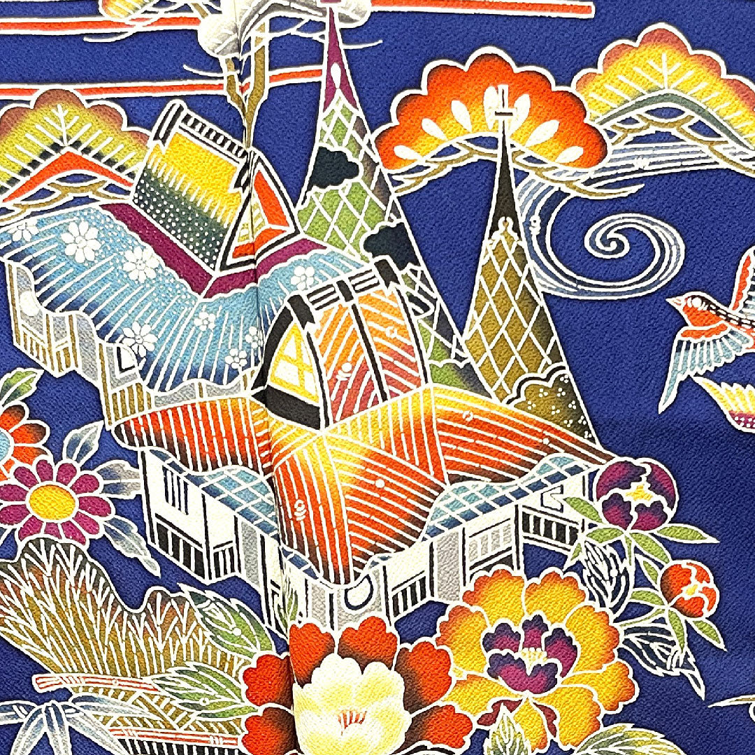 振袖 身丈167.5cm 裄丈68cm 袷 瑠璃色 京紅型 吉祥文様 正絹 Aランク 紺系 1113001773518