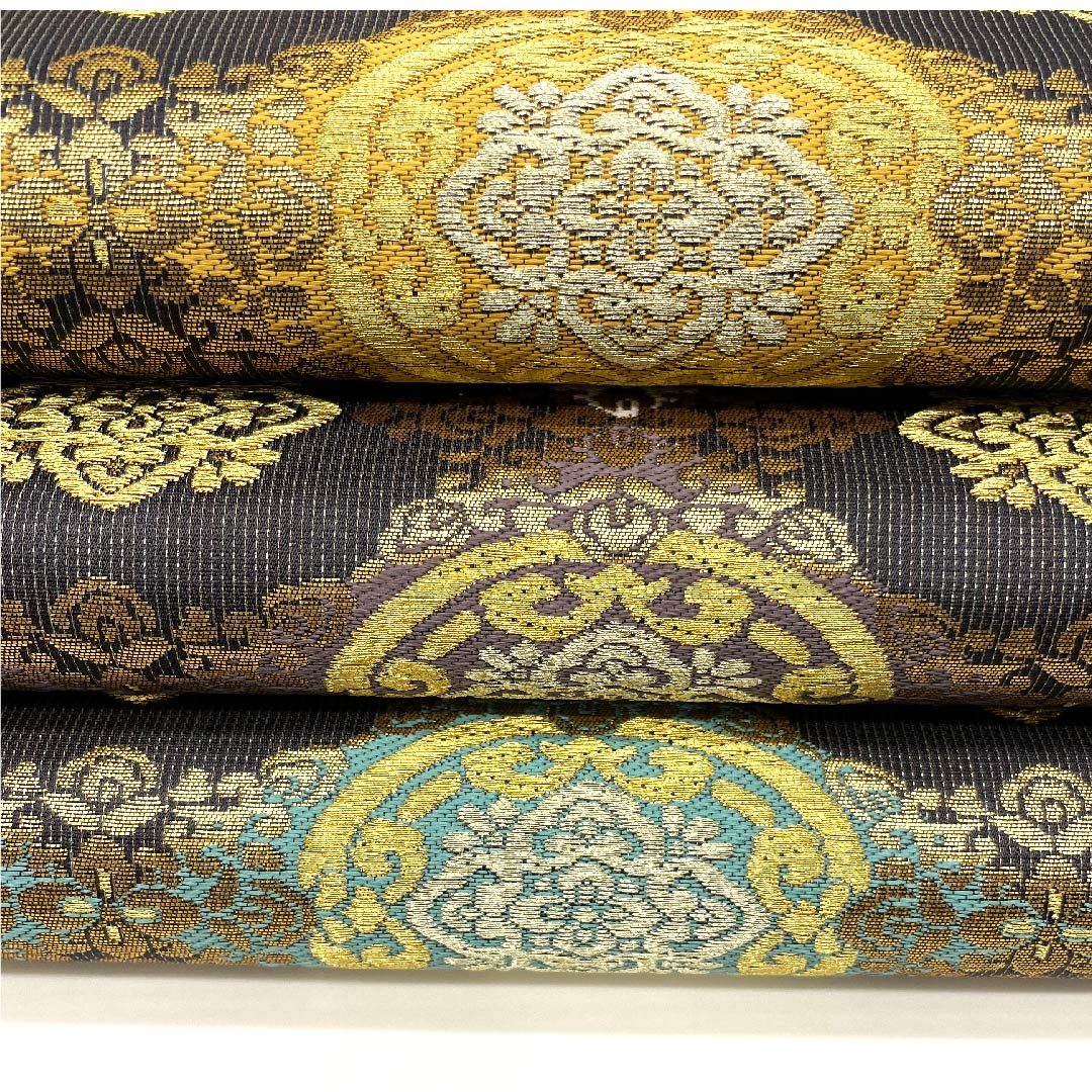袋帯 鶴の黒羽色(つるのくろばいろ) 宝相華 羅天金名物裂 帯丈444cm 正絹 Sランク 六通 フォーマル グレー系 1123003102322