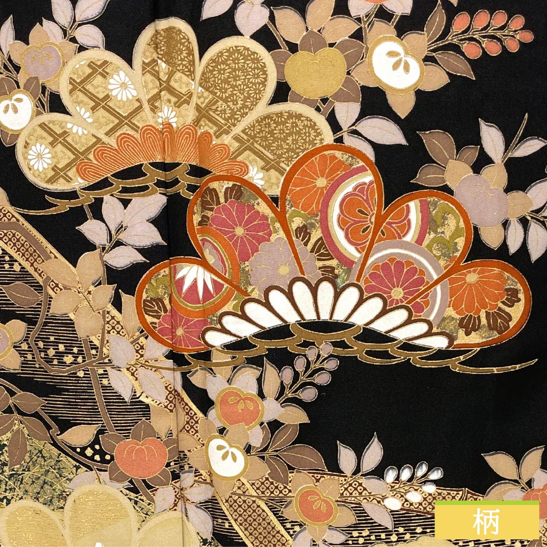 黒留袖 正絹 Aランク 身丈159cm 裄丈64cm 袷 京友禅 五つ紋 五三桐 吉祥文様 松 橘 五つ紋 黒系 1111002073310