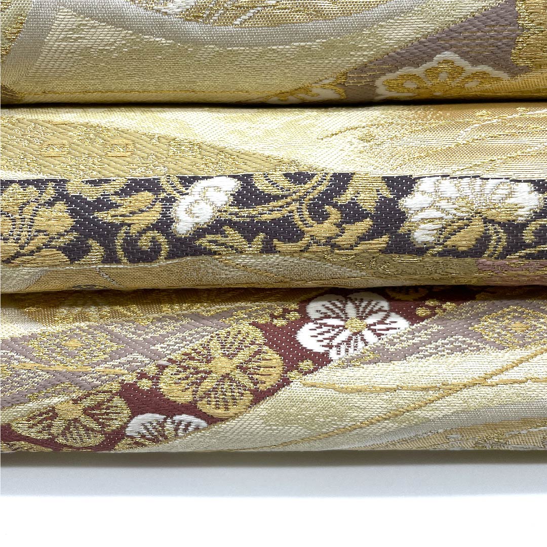 Fukuro obi (sash) in Torinoko color, classic pattern, woven ring inscription, obi length 442cm, pure silk, S rank, six-pass, formal, cream color, 1123008722315