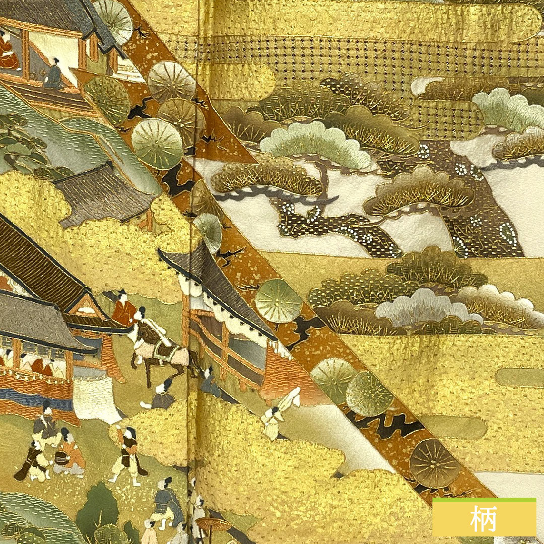 色留袖 正絹 身丈163cm 裄丈64cm 袷 白練色(しろねりいろ) 京友禅 刺繍 時代人物風景模様 一つ紋 三つ柏 パールトーン加工 Aランク ベージュ系 1111001493425