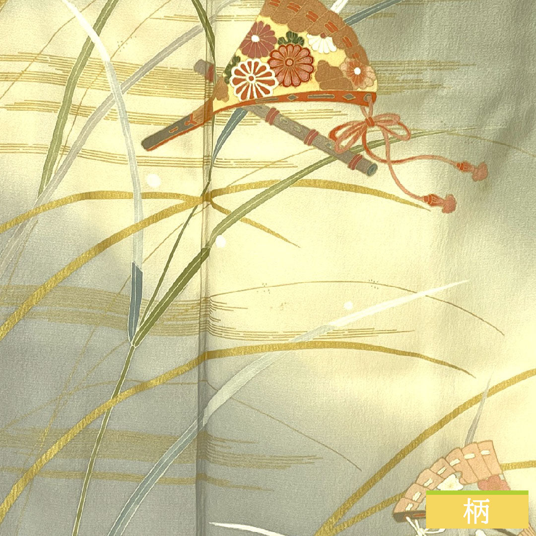 Homongi, pure silk, lined, length 167cm, sleeve length 62.5cm, white-green, Kyo-Yuzen, fan, dew grass, B rank, green, 1112004934519