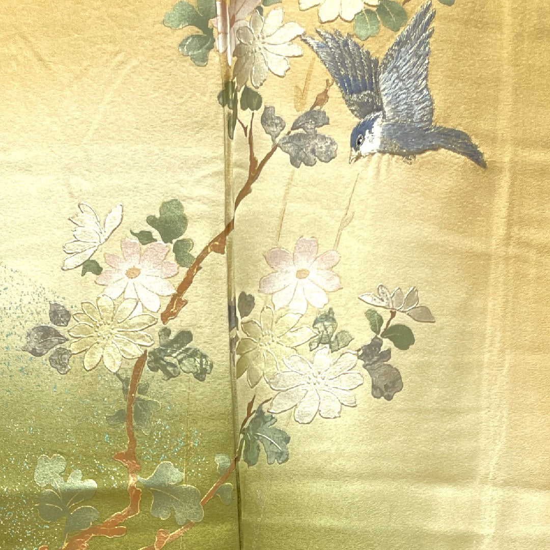 Homongi, pure silk, lined, length 147cm, sleeve length 63cm, light tangerine color, gold leaf finish, floral pattern, S rank, yellow, 1112003092123