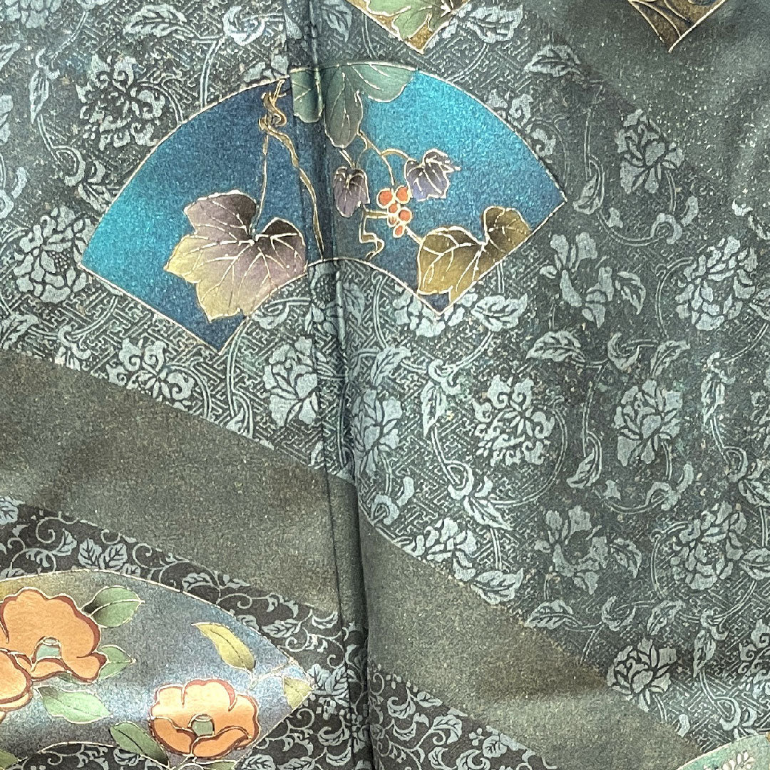 Homongi, lined, length 154.5cm, sleeve length 66cm, rust color, gold leaf finish, fan surface, auspicious motif, pure silk, S rank, blue 1112002682217