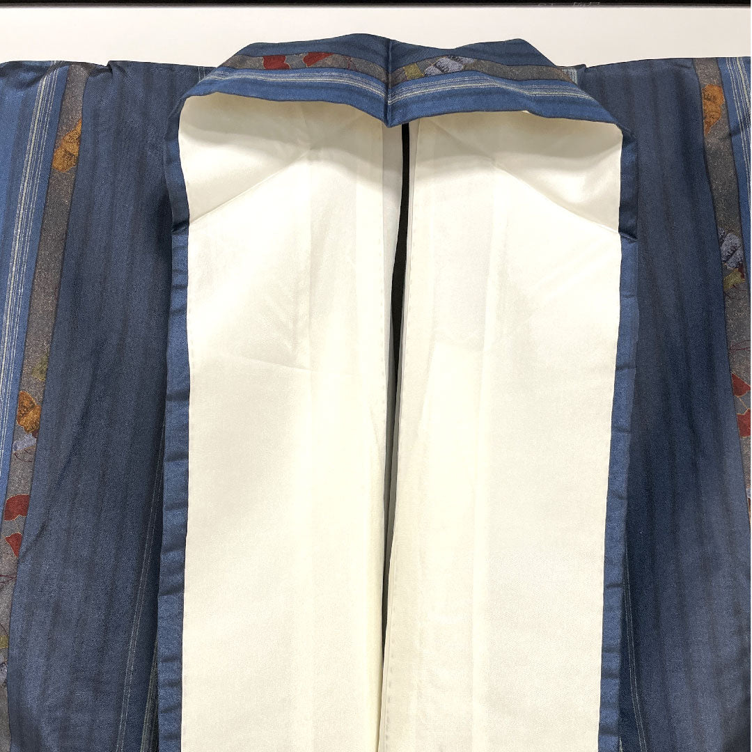 大島紬 身丈155cm 裄丈69.5cm 紺鼠色 藍鉄色 縞模様 正絹 Aランク 袷 青系 1116001693317