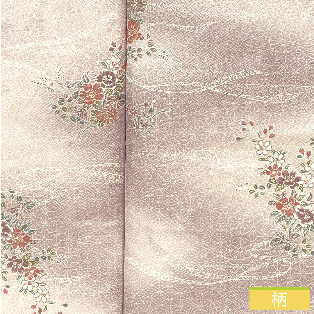 小紋 ポリエステル 身丈157.5cm 裄丈64cm 袷 淡藤色(うすふじいろ) 洗える着物 草花模様 Aランク 紫系 1115004543320