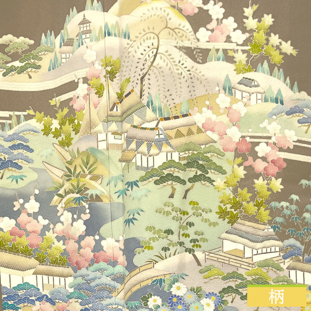 彩色留袖、纯丝、长度161厘米、袖长66厘米、衬里、壁灰色、京加贺友禅、暗襟、山水纹、三个徽章、常春藤、A级、棕色、1111001403414