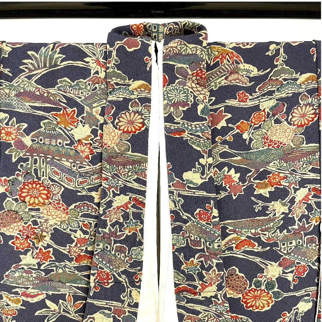 小紋 身丈154.5cm 裄丈60.5cm 袷 青褐色 型染 草花模様 正絹 Aランク 紺系 1115002293218