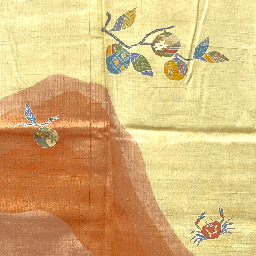 Homongi, lined, length 169cm, sleeve length 69cm, light egg color, Monkey and Crab Battle, pongee fabric, pure silk, S rank, cream color, 1112002612515