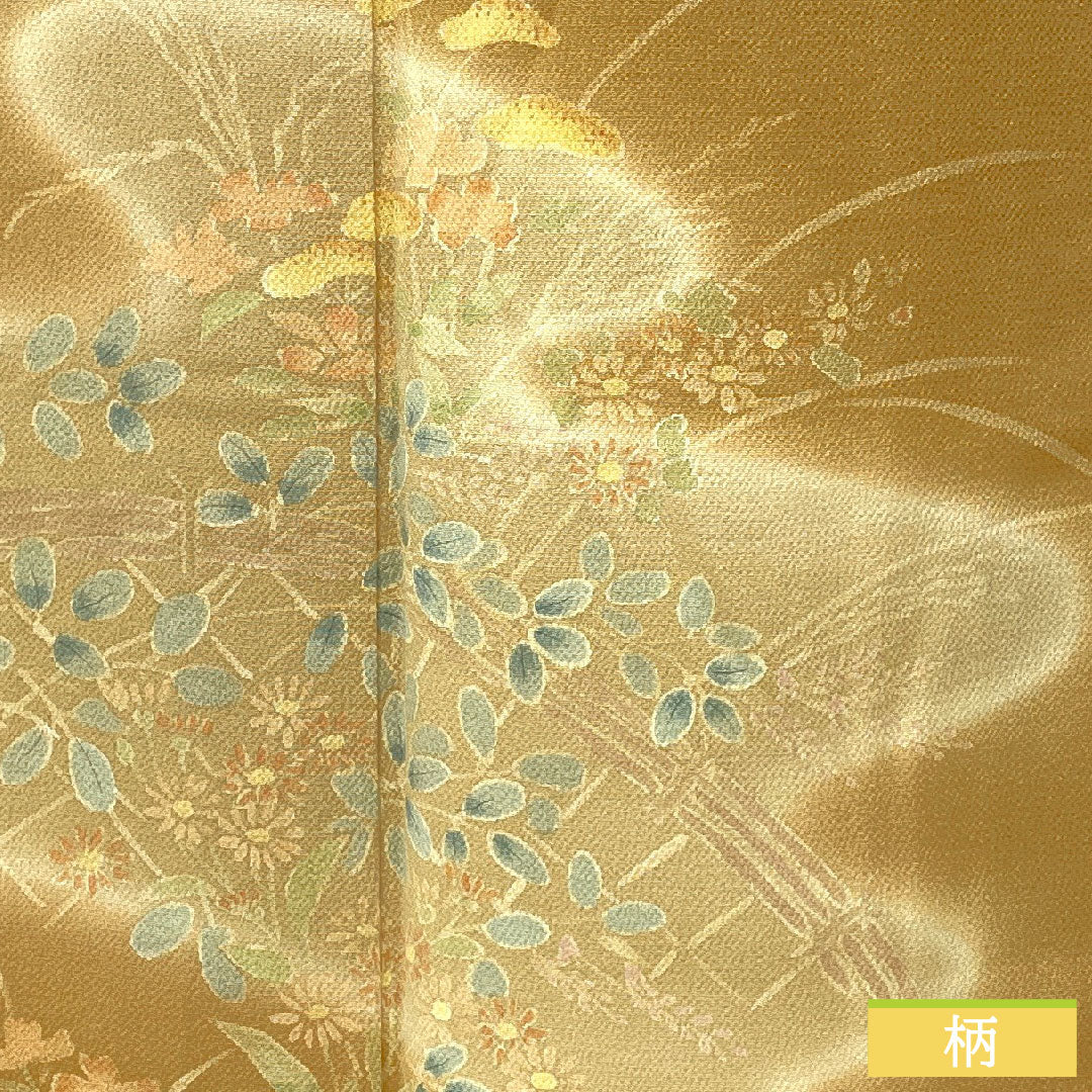 訪問着 正絹 袷 身丈168.5cm 裄丈65cm 金茶色(きんちゃいろ) ちりめん地 草花模様 Sランク 茶系 1112005902514