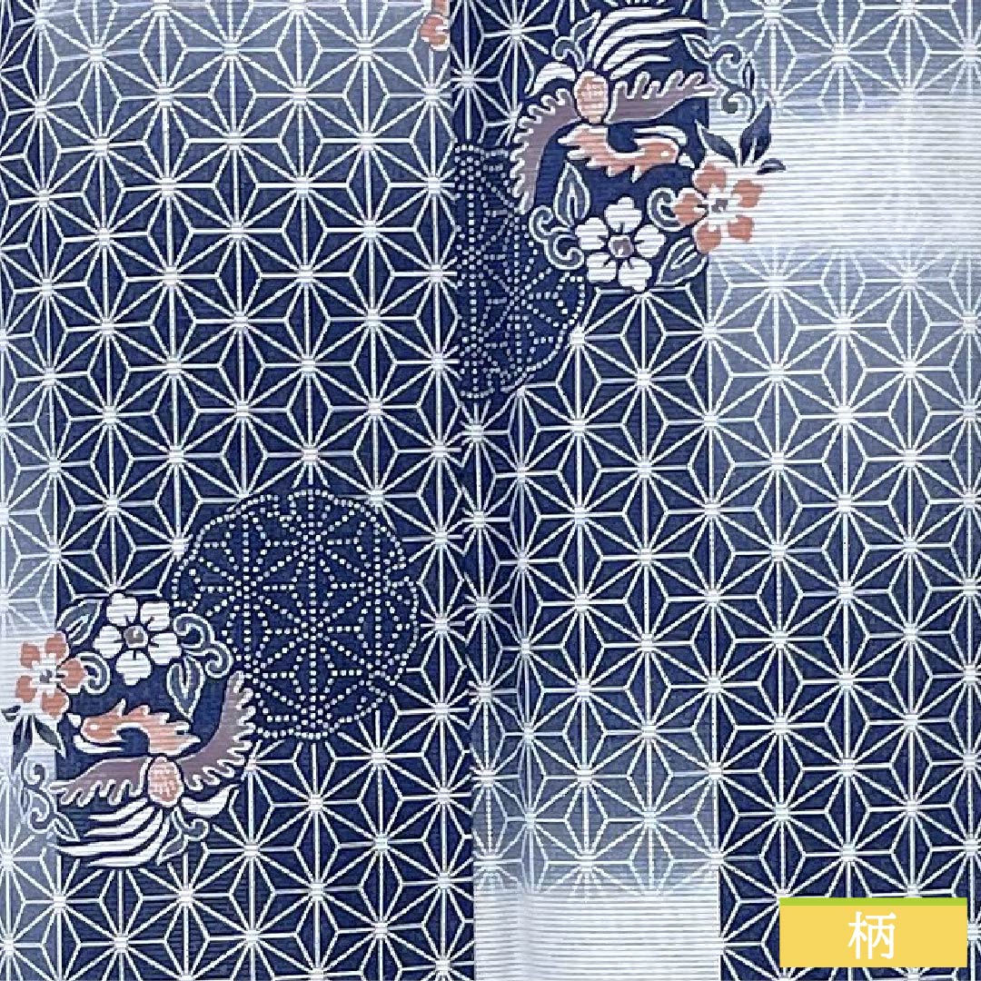 夏物 ポリエステル 小紋 身丈149cm 裄丈62cm 鉄蒲萄色(てつぶどういろ) 麻の葉 古典柄 洗える着物 絽 Aランク 紺系 1132002633118