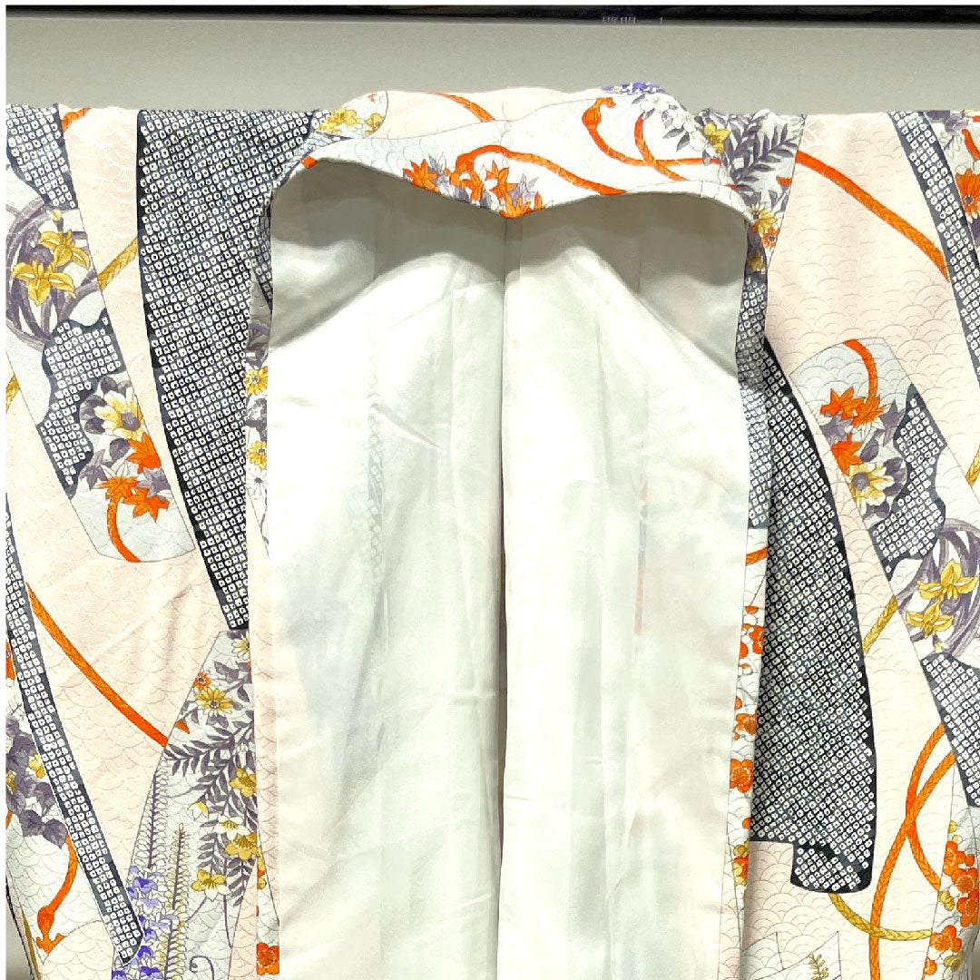 小紋 身丈170cm 裄丈65cm 袷 桜色 洗える着物 草花模様 ポリ Sランク ピンク系 1115002622613