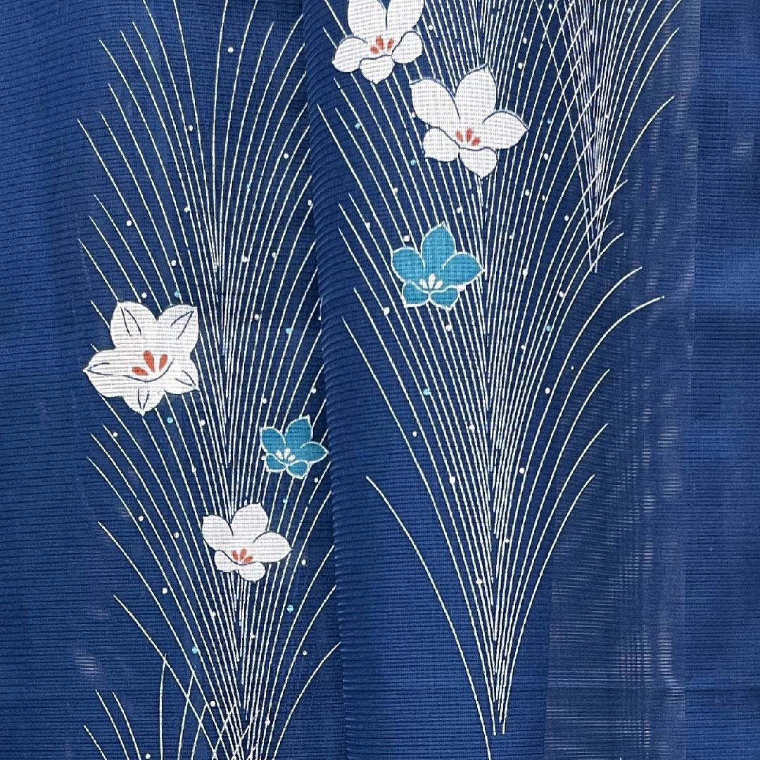 Summer polyester formal kimono, length 148.5cm, sleeve length 62.5cm, indigo blue, floral pattern, silk, S rank, navy blue, 1132000322118