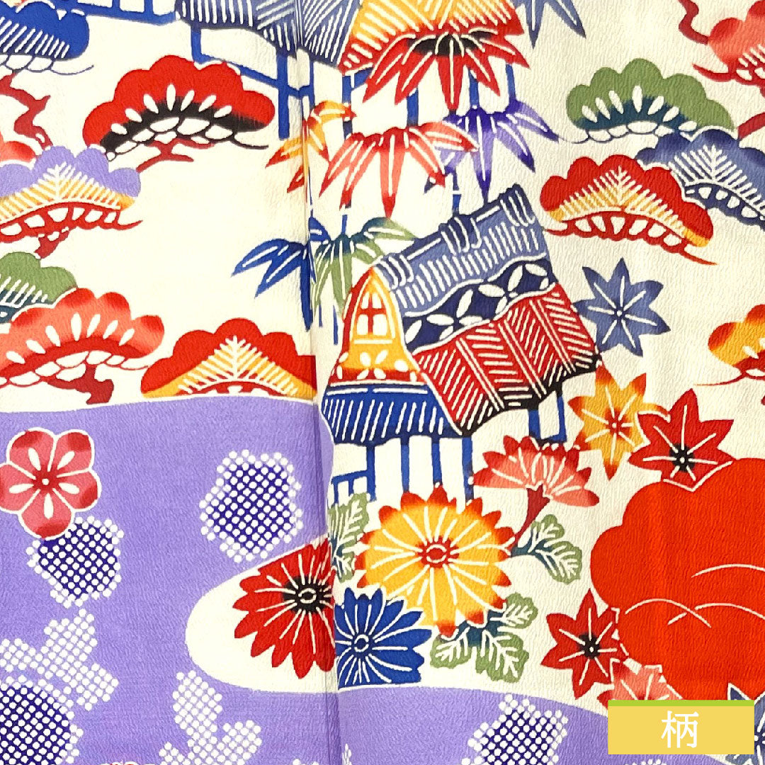 Furisode (long-sleeved kimono) made of pure silk, length 164.5cm, sleeve length 66cm, lined, bellflower color, violet color, Kyoto Bingata, auspicious motif, half-collar, B rank, purple, 1113002014420