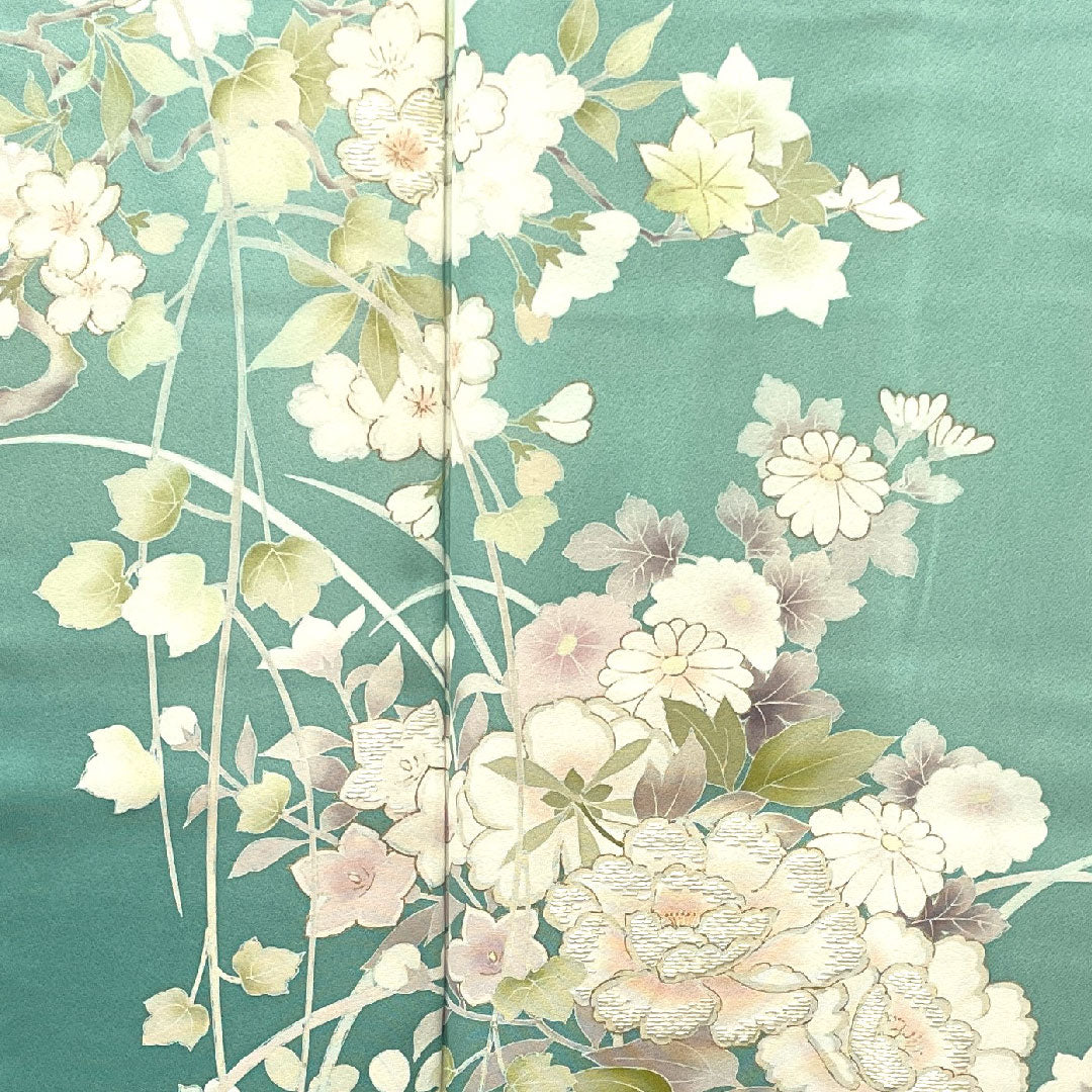 訪問着 袷 身丈173cm 裄丈68cm 秘色色 京友禅 草花模様 正絹 Sランク 緑系 1112002722619