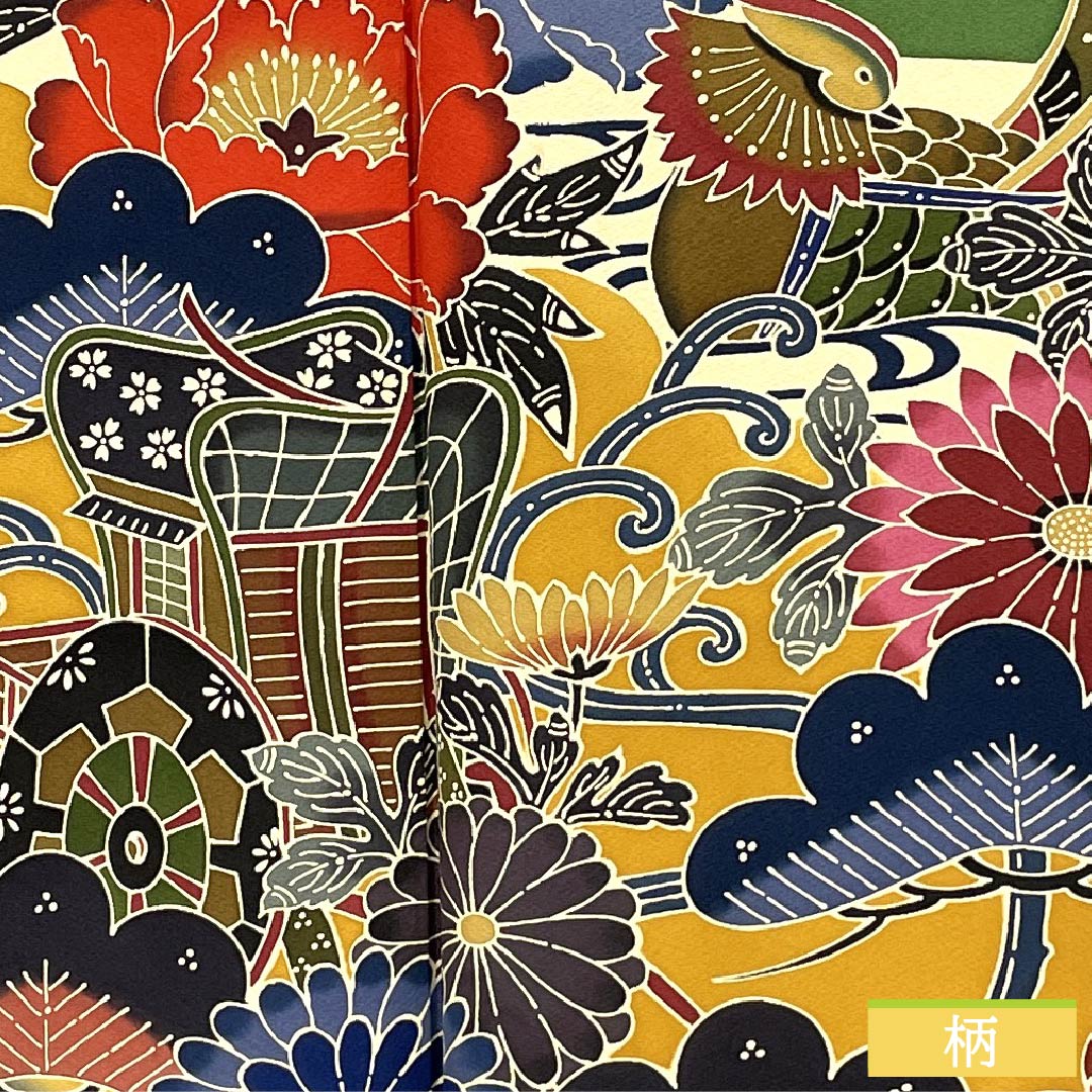 振袖 正絹 Aランク 身丈164.5cm 裄丈69cm 袷 松葉色(まつばいろ) 京紅型 吉祥文様 牡丹 菊 松 緑系 1113002363419