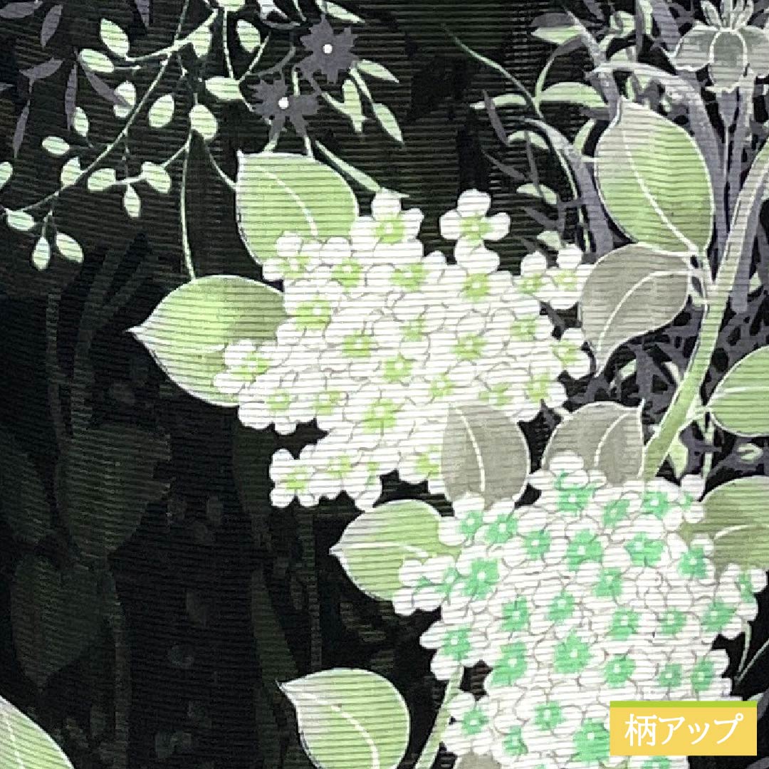 夏物 ポリエステル 小紋 身丈167cm 裄丈63.5cm 紫陽花 菖蒲 洗える着物 絽 Aランク 黒系 1132002283510