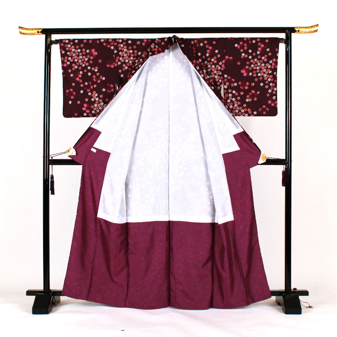 Small pattern, Length 166cm, Sleeve length 68cm, Awase, Cherry blossom pattern, Washable kimono, Polyester, S rank, Purple, 1115000842420