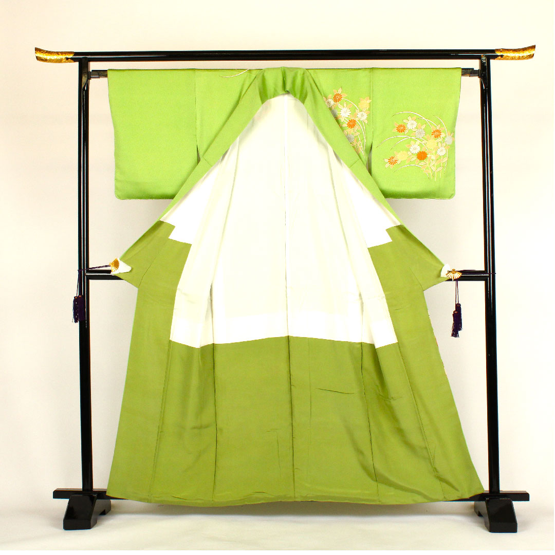 Homongi, lined, length 160cm, sleeve length 64cm, chrysanthemum, pure silk, S rank, green, 1112000332419