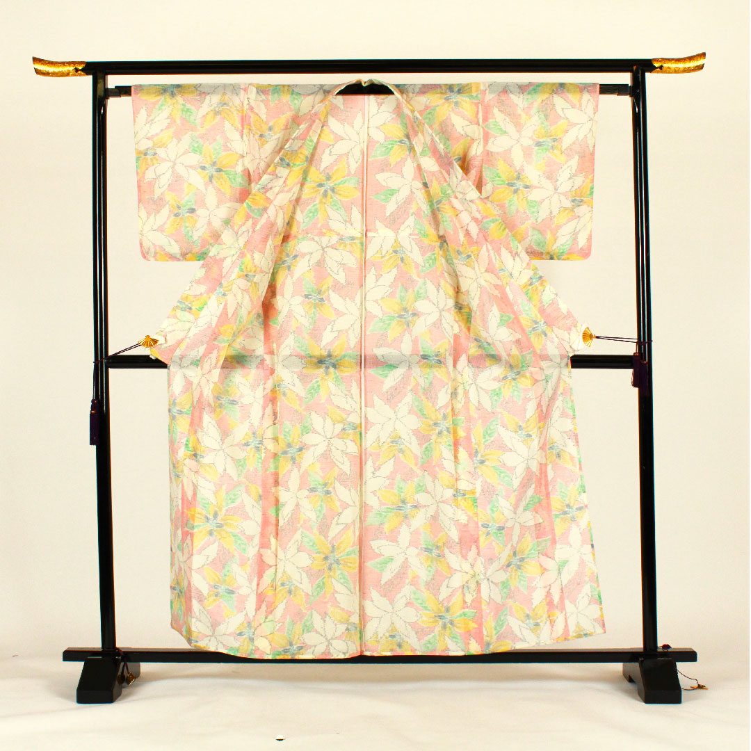 紬 身丈161cm 裄丈64cm 草花模様 正絹 Sランク 単衣 ピンク系 1116001082313