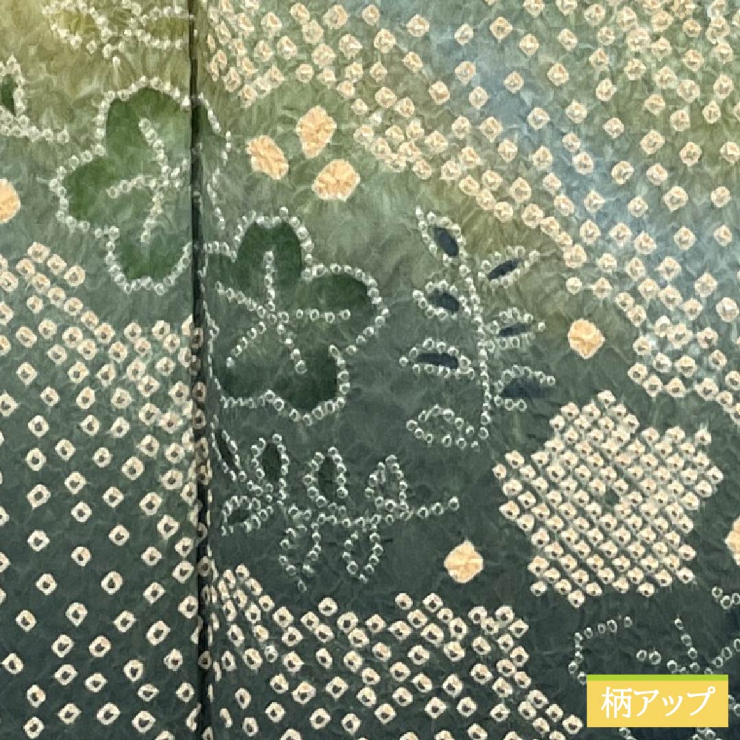 訪問着 正絹 Bランク 袷 身丈160.5cm 裄丈65.5cm 硫黄色(いおういろ) 総絞り 草花 緑系 1112007444419