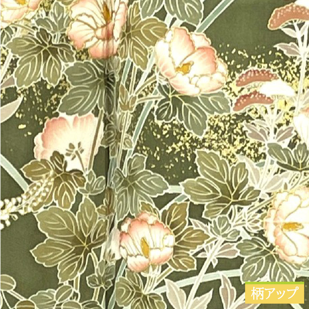 Homongi, pure silk, lined, length 164.5cm, sleeve length 65.5cm, turtle dove color, Kyoto yuzen, floral pattern, S rank, green, 1112004722419