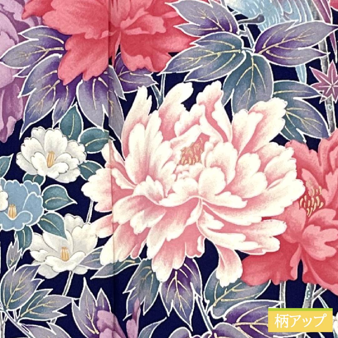 Pure silk furisode (long-sleeved kimono) - Grade A, length 159cm, sleeve length 63cm, lined, in navy blue with bellflower and plum blossom motifs in Kyoto Yuzen. Product code: 1113002623318