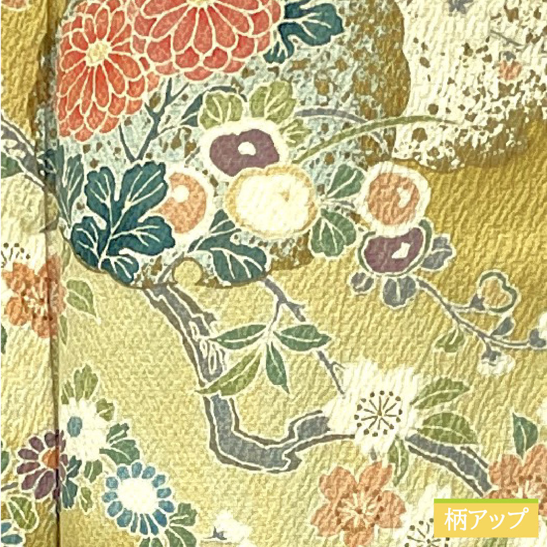 Homongi, pure silk, lined, length 163cm, sleeve length 69cm, yellow paper color, Kyoto Yuzen, cherry blossom, chrysanthemum, pink, new harebare processing, S rank, yellow, 1112005152423