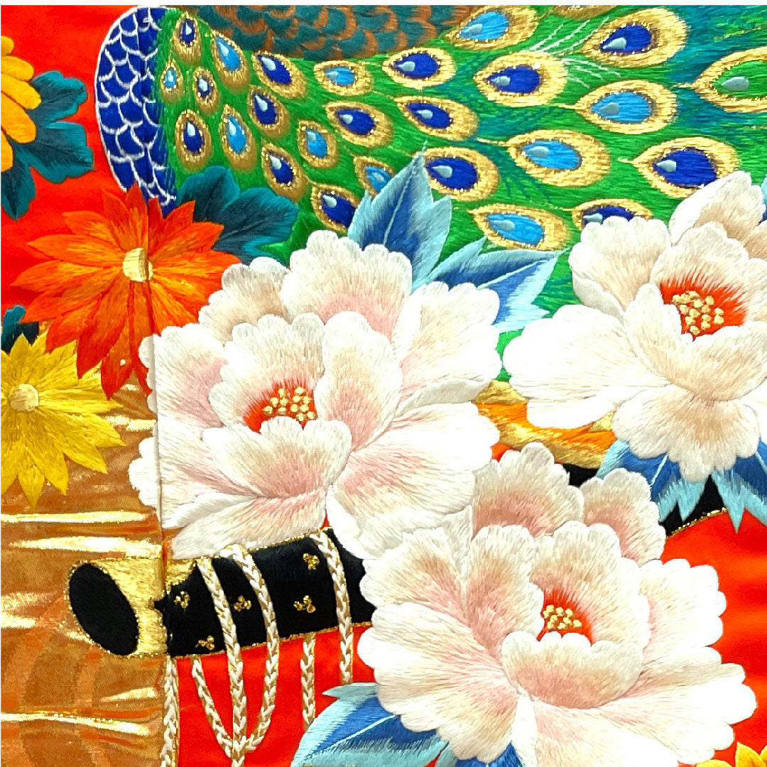 色打掛 身丈194cm 銀朱色 刺繡 孔雀 花車 正絹 Sランク 袷 朱系 1110000252916